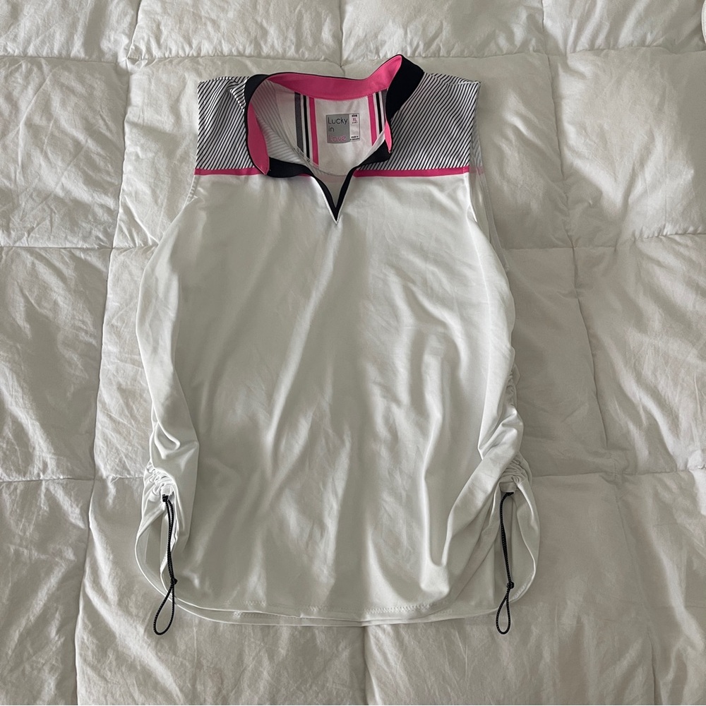 Lucky in Love White Top with Pink and Black Stripes